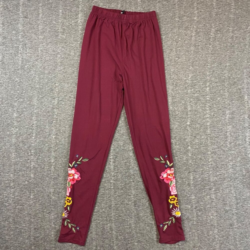 Agnes & Dora Burgundy Floral Embroidered Leggings S/M Small Medium Stretchy - Picture 2 of 6
